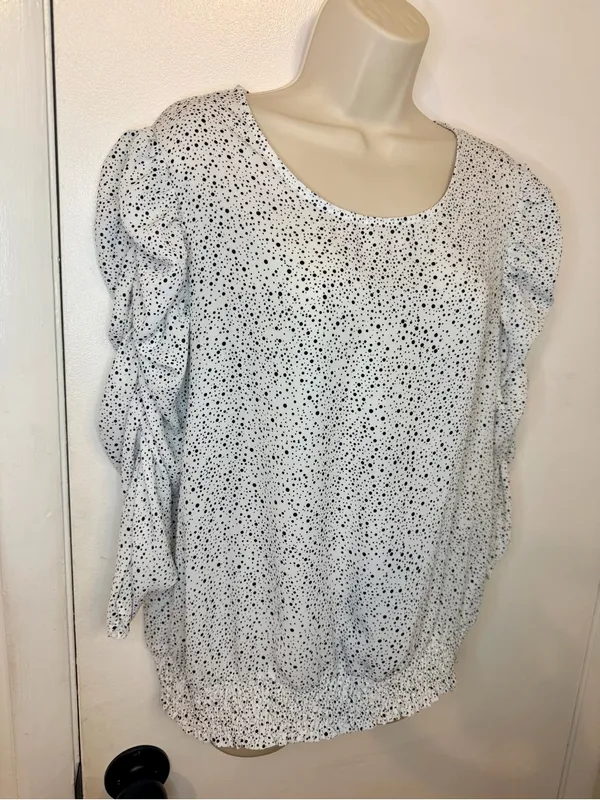 Adrianna Papell Polkadots Print Smocked 3/4 Sleeve Blouse White Black M - Image 3