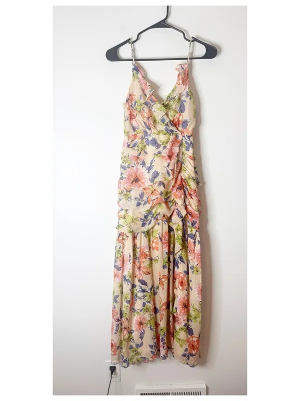 Lulus Stunning Soiree Blush Pink Floral Print Ruched Midi Dress small - Image 3
