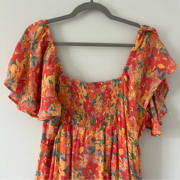 Marissa Olivia Red Orange Floral Flutter Sleeve Peasant Smocked Mini Dress L - Image 6
