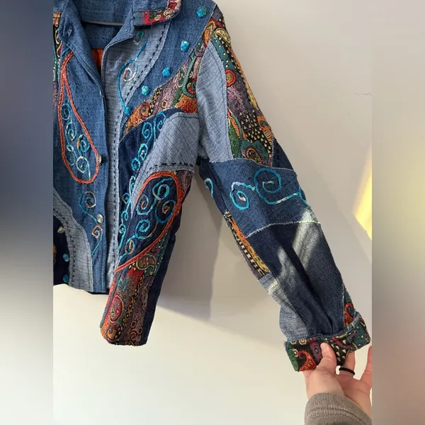 Vtg Parsley & Sage Botanical Floral Embroidered Button Up Denim Jacket Patchwork - Image 13