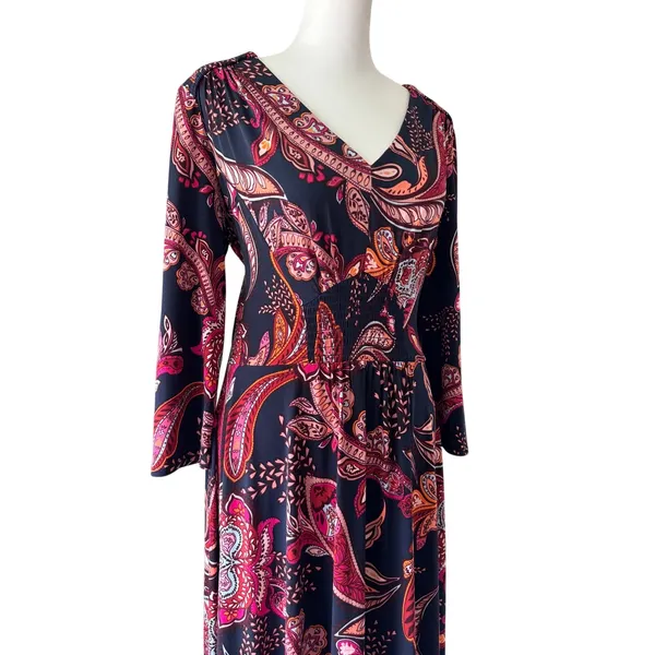 Maggy London Navy & Coral V-Neck Smocked Waist 3/4 Sleeve Stretch Maxi Dress - Image 5