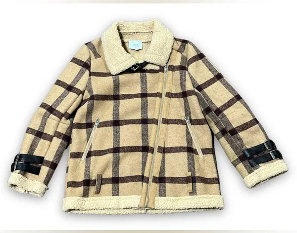 J.O.A Plaid Faux Fur Shearling Moto‎ Jacket - Image 2