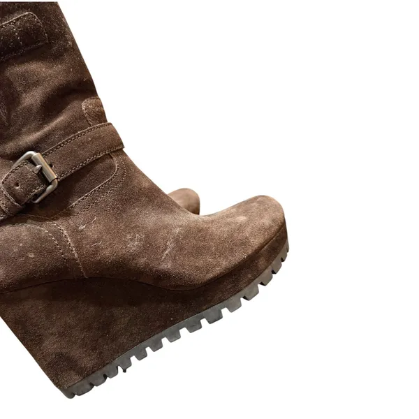 Prada Sport Brown Suede Double‎ Buckle Wedge Lug Sole Mid Calf Moto Boots 37.5 - Image 3