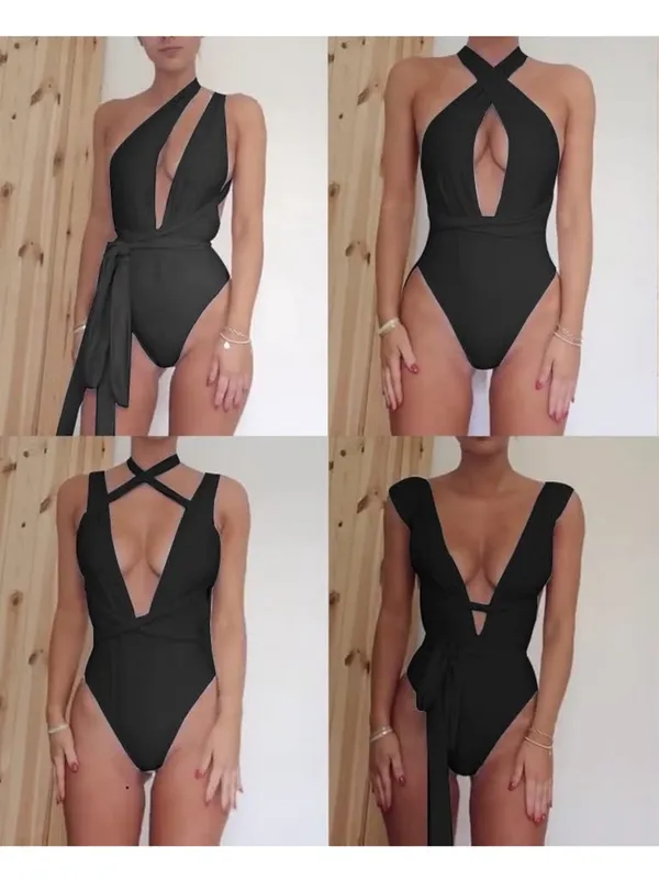 Lilosy Sexy Tie Criss Cross Plunge Thong Swimsuit High Cut Brazilian swimwear - Image 2