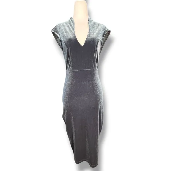 Y2K Windsor Blue Gray Velvet Midi Dress V Neck Bodycon Cocktail Party Holiday - Image 11