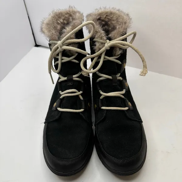 Sorel Explorer Joan Suede Winter Boots Womens Size 10 Black Faux Fur Waterproof - Image 3