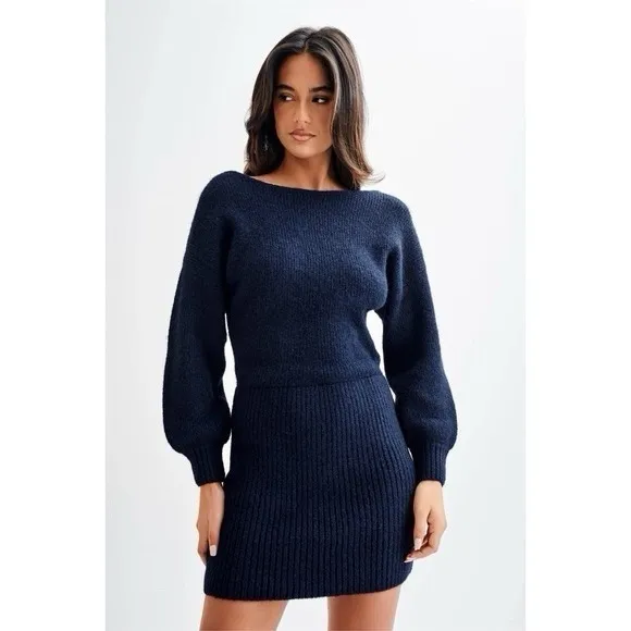 MESHKI Rafferty Navy Blue Knit Mini Sweater Dress XS NWT Boat Neck Puff Sleeve - Image 2