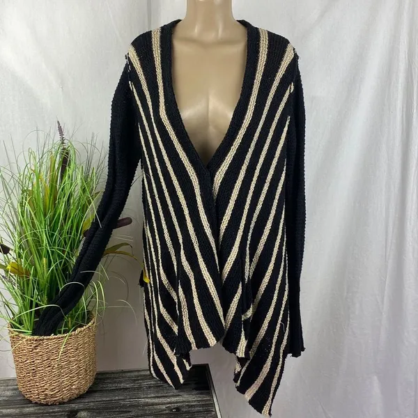 Free People Black & Tan Striped Knit Long Sleeve Snap Duster Cardigan Sweater S - Image 2