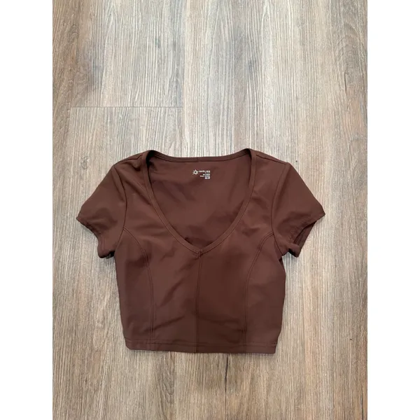 OFFLINE by Aerie‎ Goals Ribbed Short Sleeve V-Neck Crop Top Brown XS Activewear - Image 2