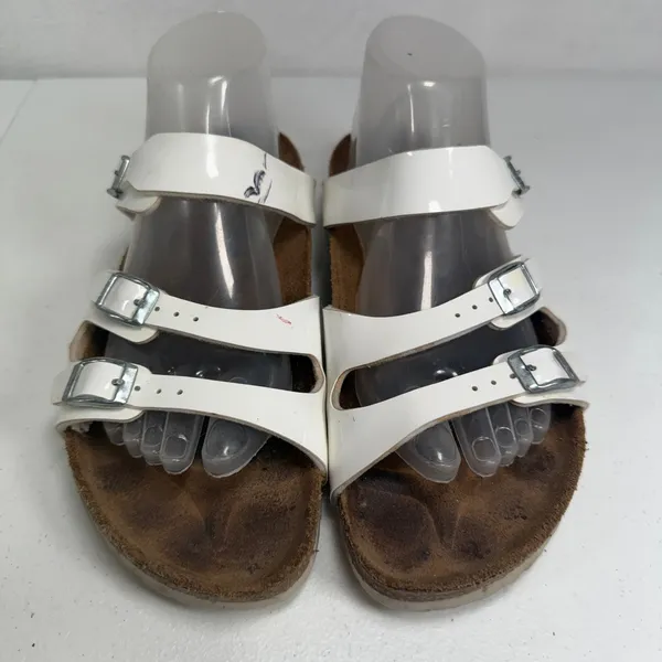 Birkenstock Birki's 39 L8 Sandals Florida Birko-Flor White Patent Triple Strap Slide Germany - Image 5