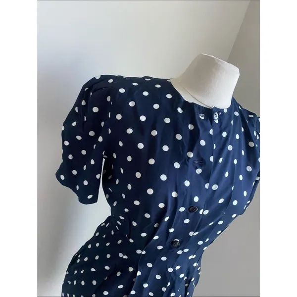 Vintage Polka Dot Navy Button-Front Dress Puff Sleeve Womens Sz 4 Petite - Image 2