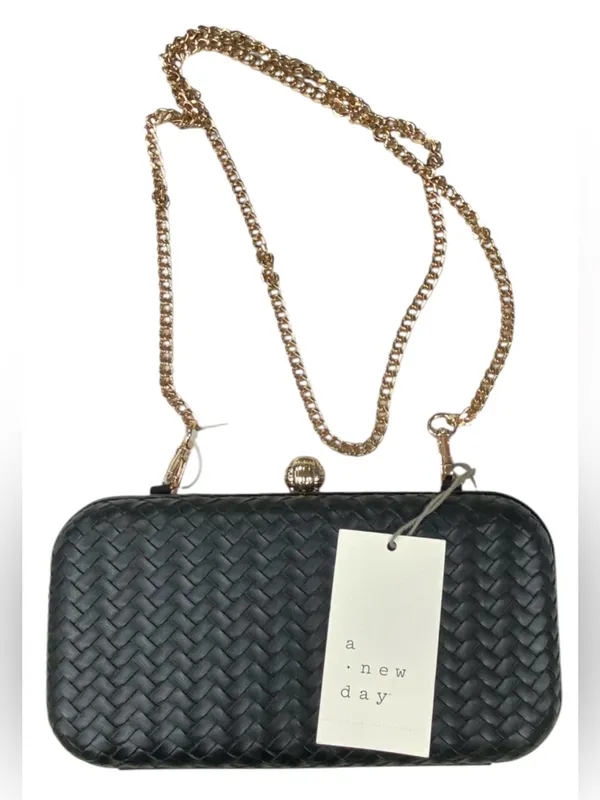 A New Day Black Woven Clutch Crossbody Bag Gold Chain Evening Purse Wedding - Image 2