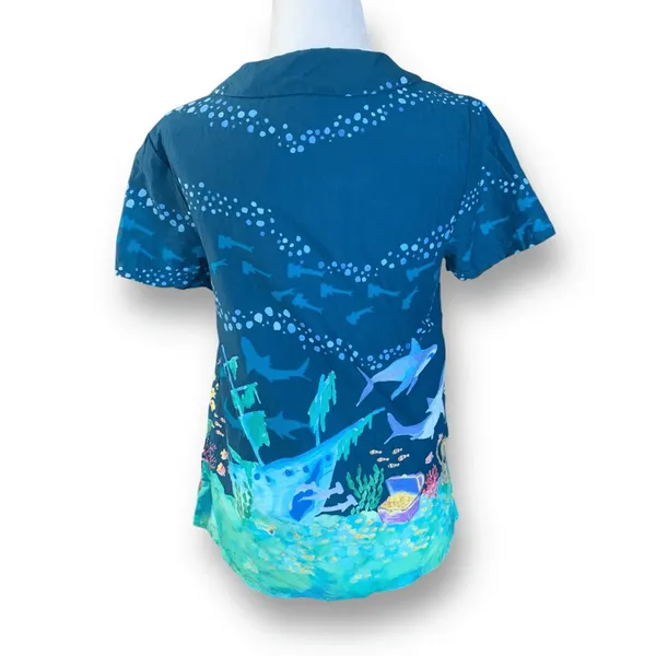 ModCloth Ocean Shark‎ Print Blouse Peter Pan Collar Blue Nautical Top Retro - Image 3