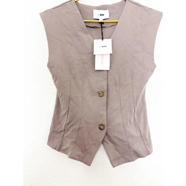 NWT Le Bop Isla Vest Size Medium Brown Nipped Waist Cinched Preppy Minimalist - Image 9