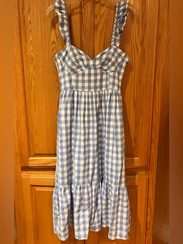 English Factory Sweetheart Neck Ruffle Gingham Midi Dress Blue White Size Medium - Image 4