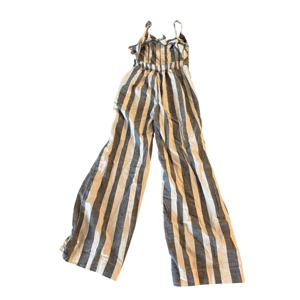 Striped Wide Leg Jumpsuit Womens Grey White Button Front Sleeveless Summer XL - Image 7