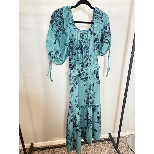Cato Teal Navy Floral Puff Sleeve Smocked Tiered Midi Dress XSP‎ Petite - Image 4