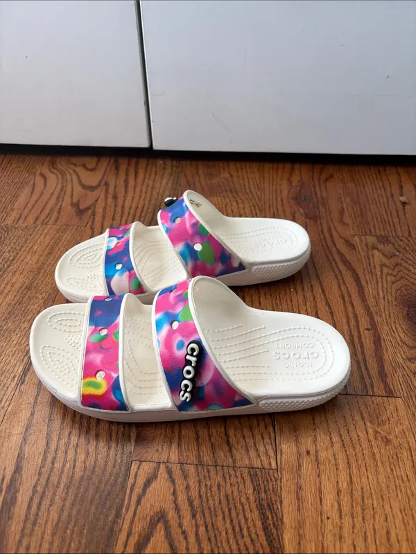 Crocs Womens Classic Graphic Two-Strap Slide Sandals Size 7 White - Multicolor - Image 3