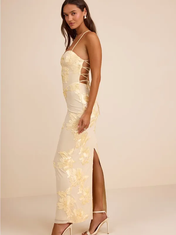Lulu's Nantessa Light Yellow Floral Applique Lace-Up Maxi Dress - Image 4