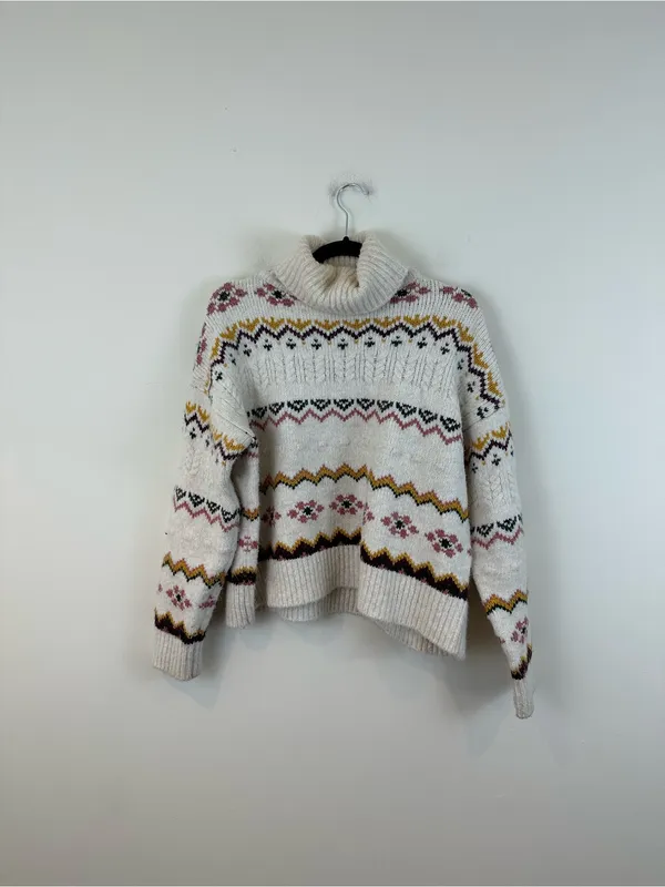 Evereve Lyra Fair Isle Cream Multicolor Turtleneck Sweater Size Medium - Image 2