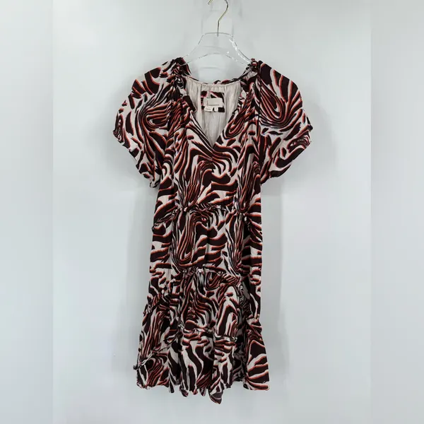 Anthropologie‎ Robin Tiered Brown Orange White Marble Animal Mini Dress small - Image 3