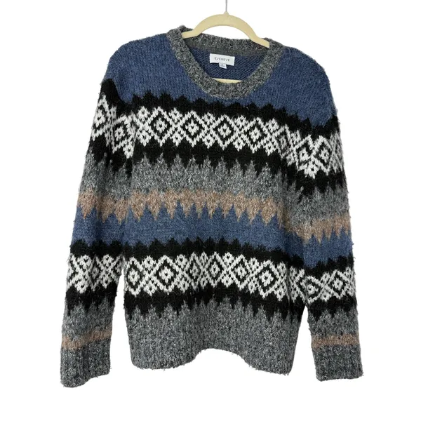 Evereve Fair Isle Fuzzy Knit Sweater Blue Gray Black Nordic Cozy Winter M - Image 2