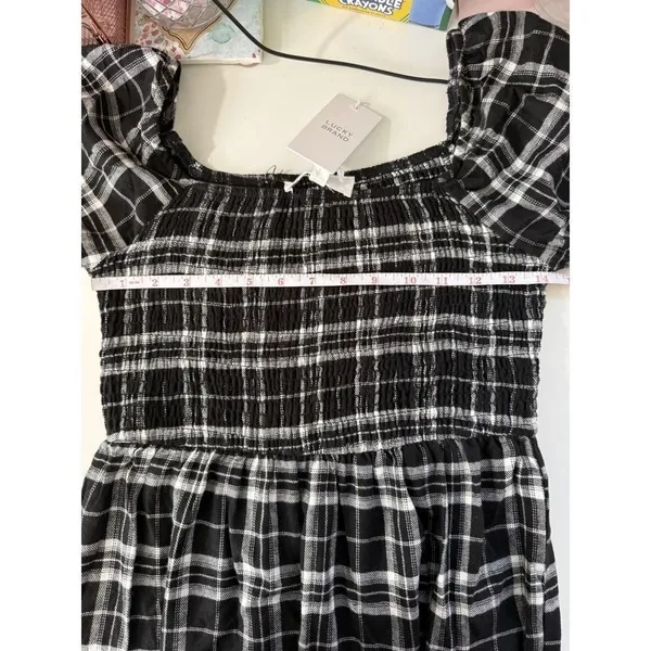 Lucky Brand Black Plaid Smocked Midi Dress‎ Grunge Cottagecore Long Sleeve NWT - Image 7