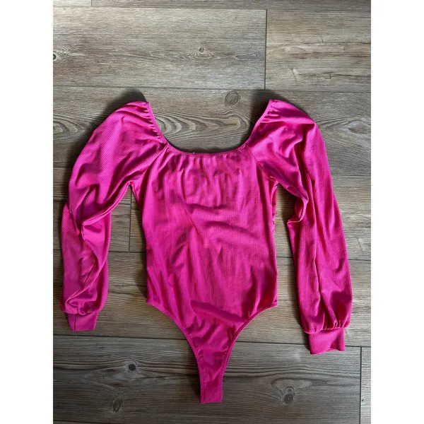 Altar'd State Womens Hot Pink Ribbed Sweetheart Ruched Bishop Sleeve Bodysuit S - Image 6