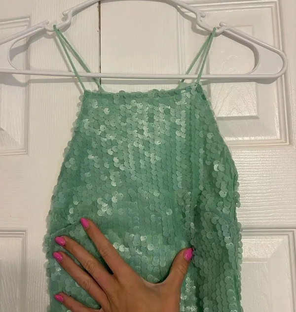 MotelRocks Light Green Sequin Dress Backless - Image 5