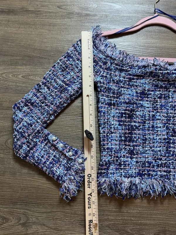 ZARA Off-The-Shoulder Tweed Top Blue - Image 3