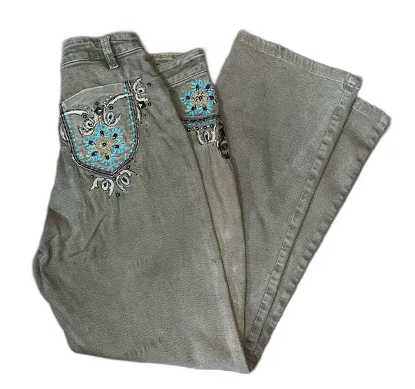 Embroidered olive straight leg jeans Tan Size 30 - Image 2