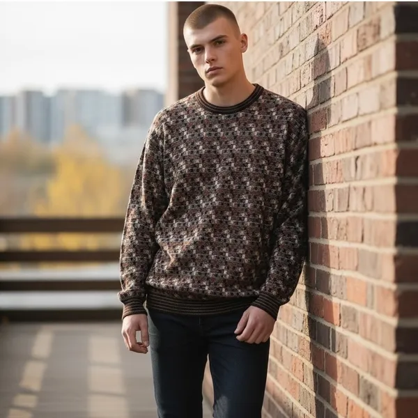 Norm Thompson Mens Geometric Knit Crewneck Sweater Brown Tan Burgundy XL 6244 - Image 2