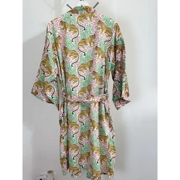Women’s Cotton Robe Long Kimono Green Cheetah Print Jungle Loungewear Size 12 - Image 6