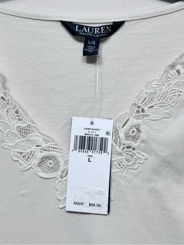 Lauren ralph lauren Lace-Trim Stretch Cotton 3/4 sleeve Top size large nwt - Image 6