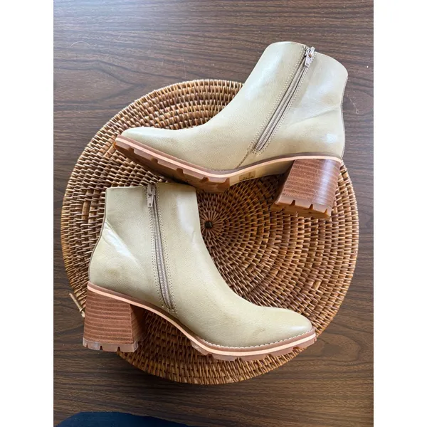 Korks‎ Beige Leather Ankle Boots Block Heel Side Zip Lug Sole Booties Women - Image 7
