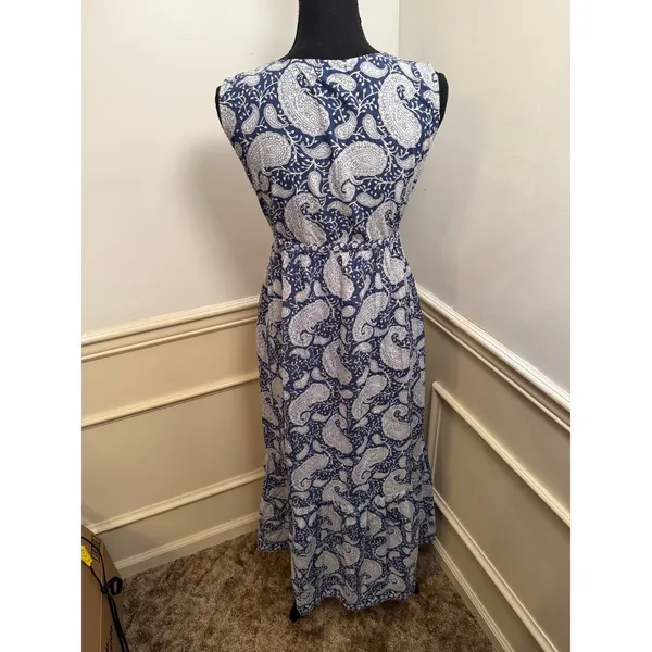 LA PLAGE Emily Cotton Printed Tassel Pocket Maxi Dress Blue White Boho Paisley - Image 6