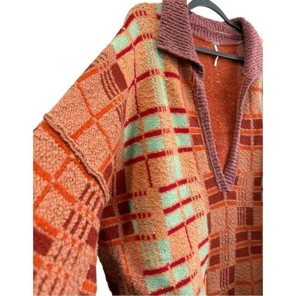 Free People Ruben Oversized Textured Plaid Collared Sweater‎ Boho Pullover M - Image 8