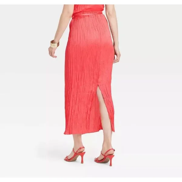 A New Day Women's Textured Crinkle Satin Midi Skirt Coral M NWT - Image 2