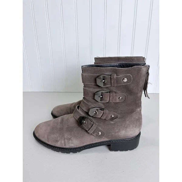 Stuart Weitzman Taupe Suede Multi Buckle Moto Ankle Boots U274026 Womens 6.5 M‎ - Image 3