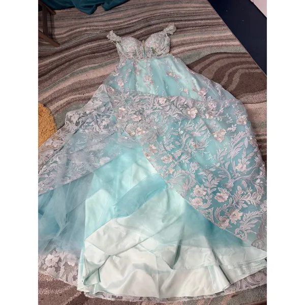 Morrell Maxie Size 4 Aqua White Floral Lace Off‎ Shoulder Formal Gown - Image 14