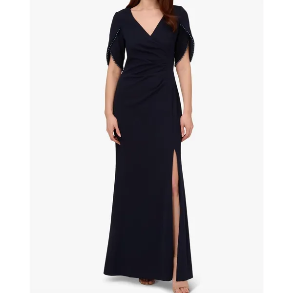 Adrianna‎ Papell Pearl Trim Knit Crepe Gown 20W Midnight Navy Formal New - Image 2