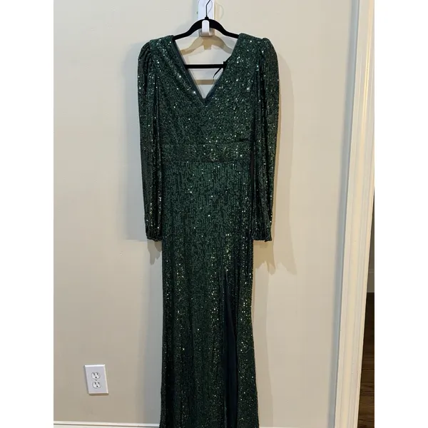 XSCAPE Women's Sequinned High-Slit Evening Gown‎ Hunter Green Size 4 - Image 3