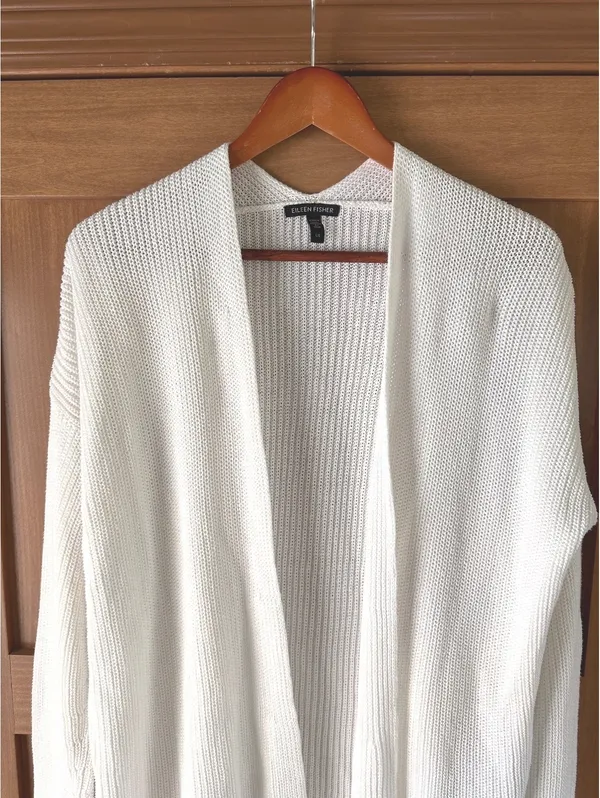 Eileen Fisher Organic Linen Cotton Ivory Knit Open Front Cardigan Women’s Large - Image 5