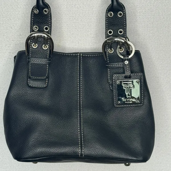 Tignanello Black Genuine Leather Satchel Handbag Buckle Top Handle Y2K - Image 2