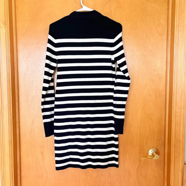 Everlane‎ Black White Striped Ribbed Knit Mock Neck Zip Shoulder Sweater Dress L - Image 2