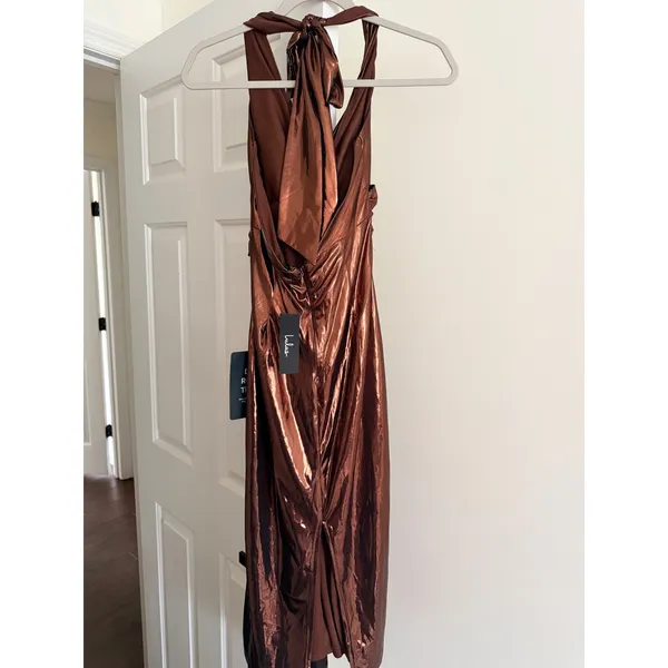 Lulus Lionette Dark Bronze Metallic Twist-Front Halter Midi Dress Size M - Image 5