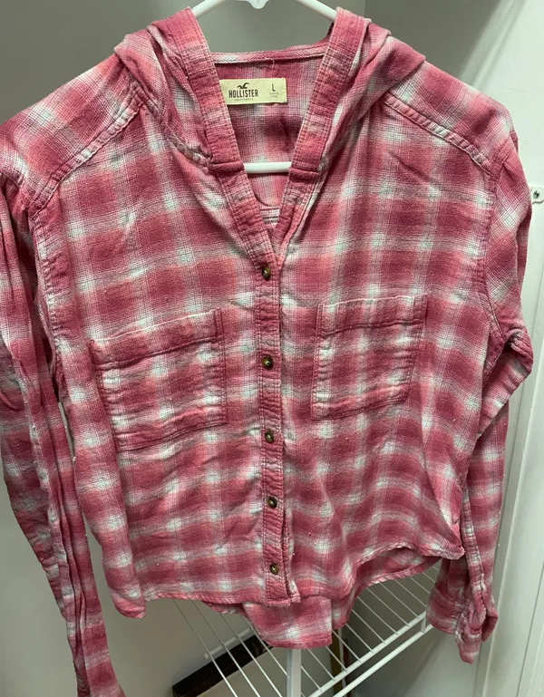 Hollister Pink and White Plaid Hooded Long Sleeve Shirt - Image 4