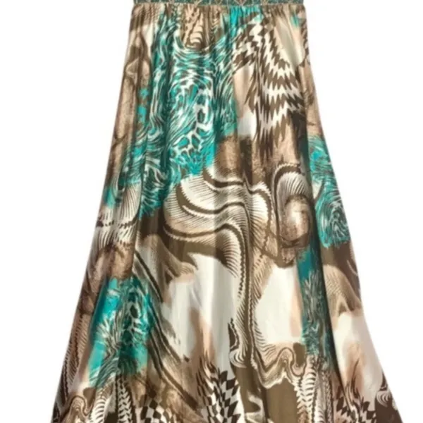 Animal Print Maxi Dress S Beaded Halter Brown Teal Flowy Mobwife Charmeuse - Image 5