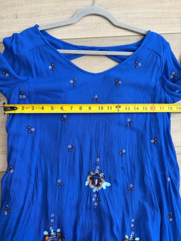 Free People Oxford Embroidered Cobalt Blue Long Sleeve Baby Doll Boho Dress M - Image 7