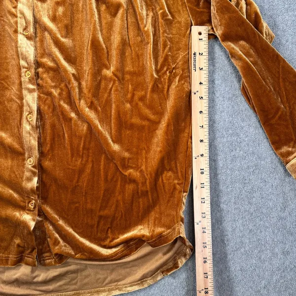 Jodifl Velvet Gathered Shoulder Blouse Women's Medium Golden Brown Button Front - Image 6